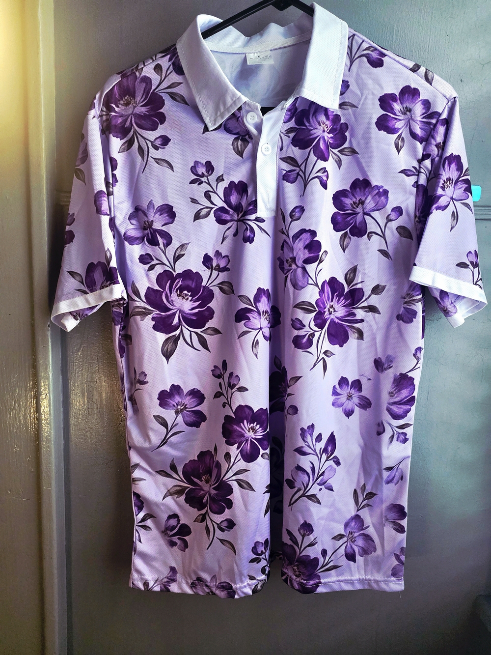 Men's Purple Floral Polo Shirt with White Collar